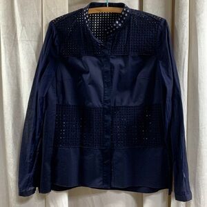Elie Tahari navy blue button shirt cut outs cotton silk women’s small like new